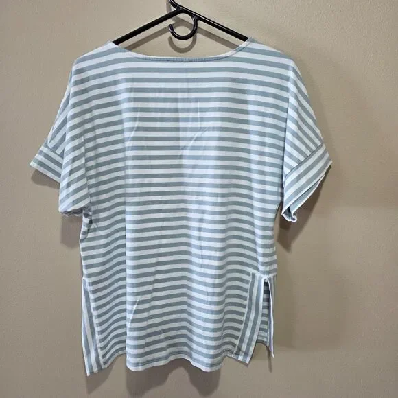 Tribal Blue White Striped Dolman Sleeve Top Cotton Oversized Side Slit Small - Picture 3 of 8